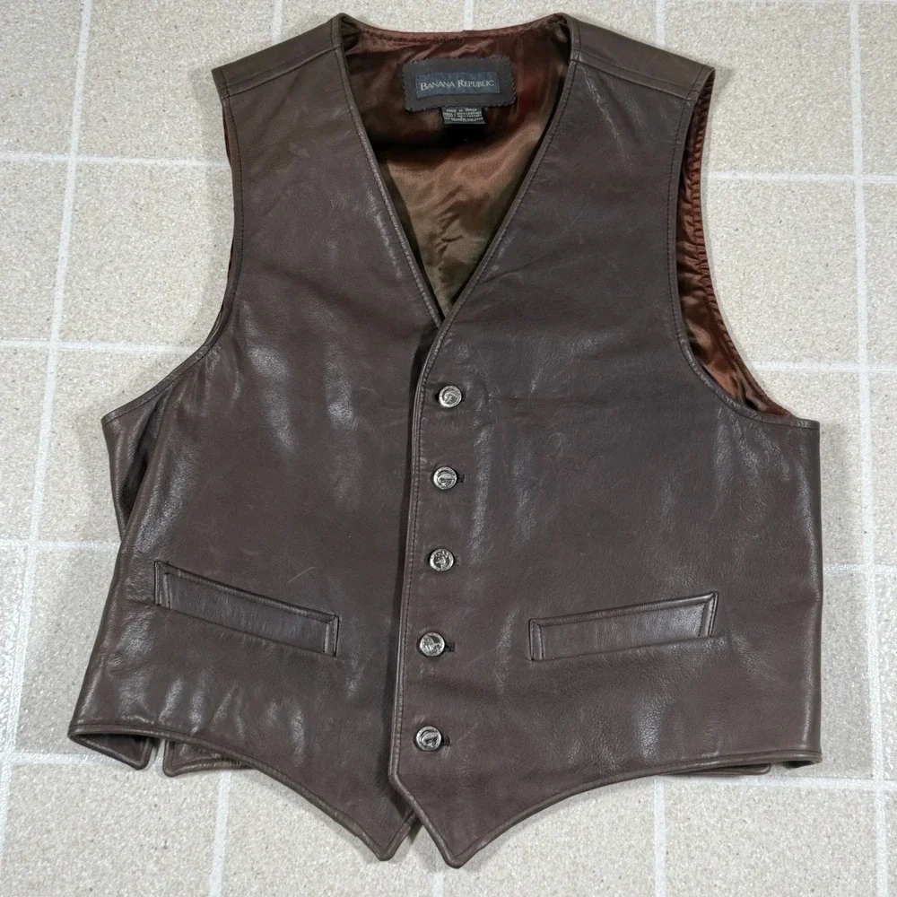 Vtg Banana Republic Brown Leather Hunting Vest Animal Buttons Sz L Buckle Back